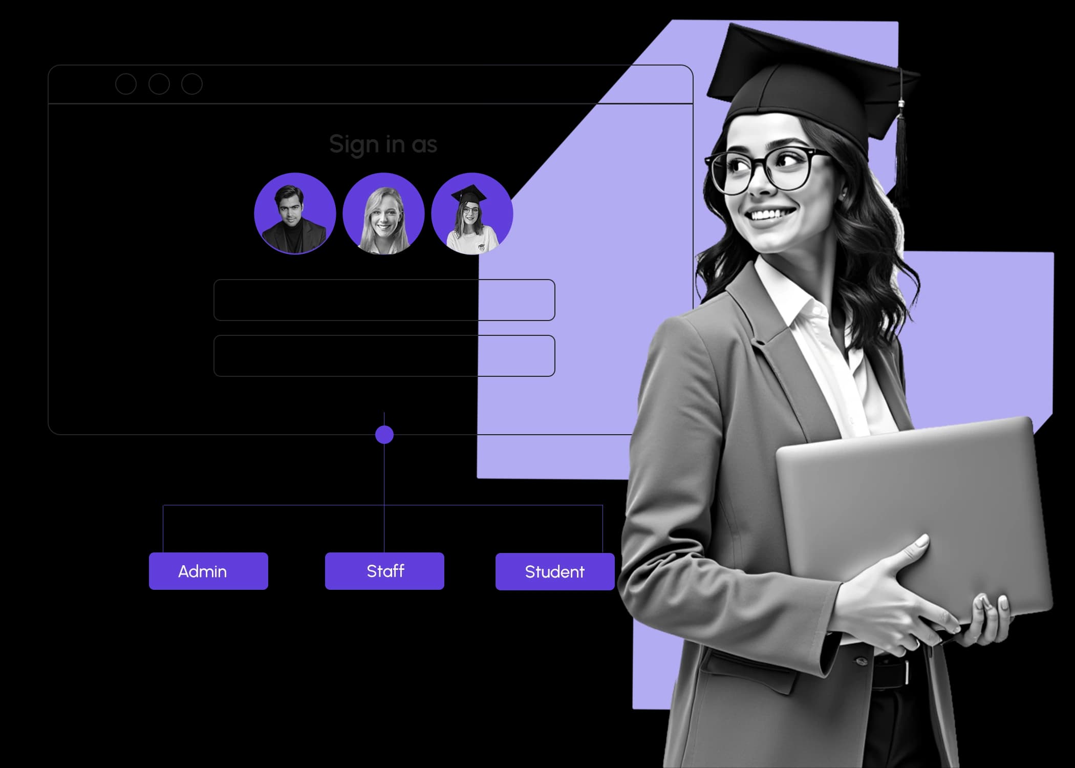 شاشة دخول E-Scooly مع اختيار الدور: مسؤول، موظف، تلميذ